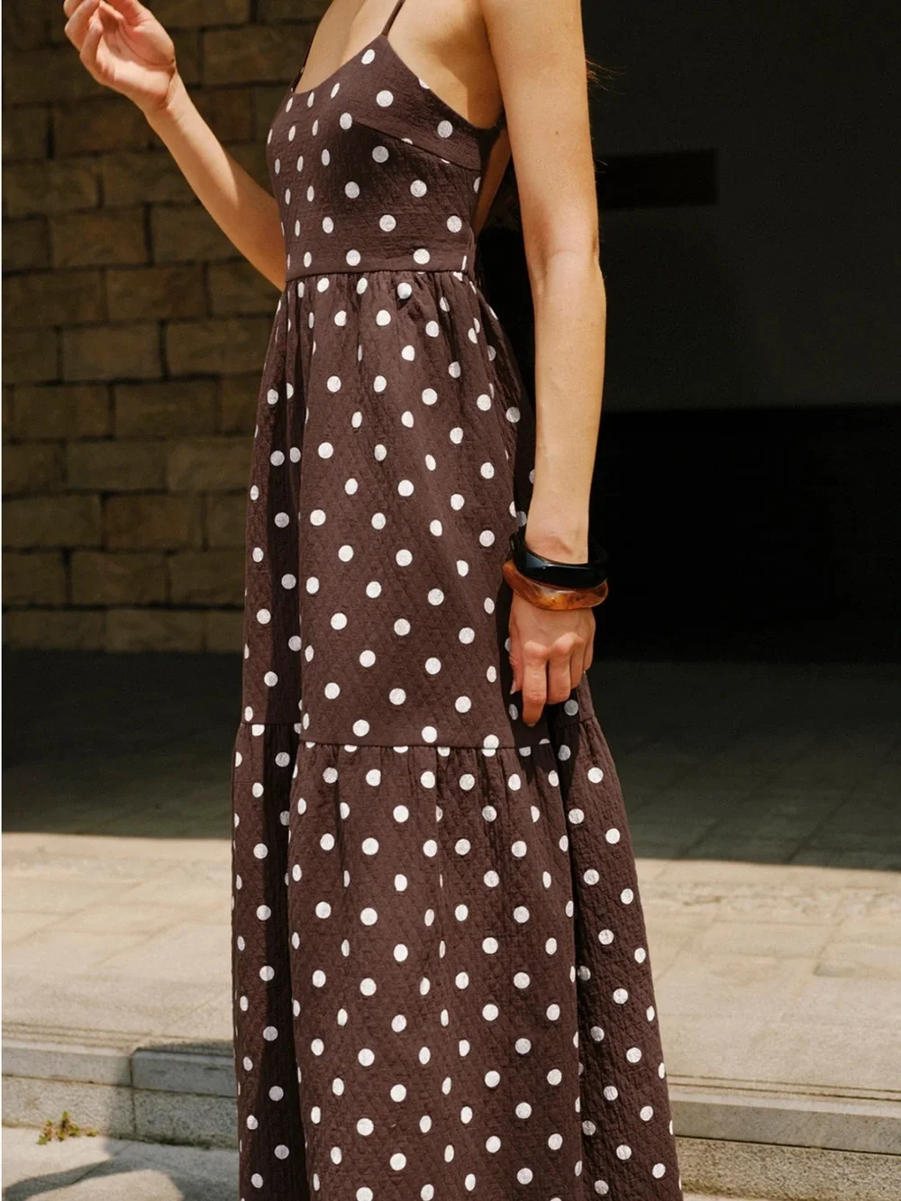 Commense Brown & White Polka Dot Spaghetti-Strap Tiered Maxi Dress - Picture 6 of 8